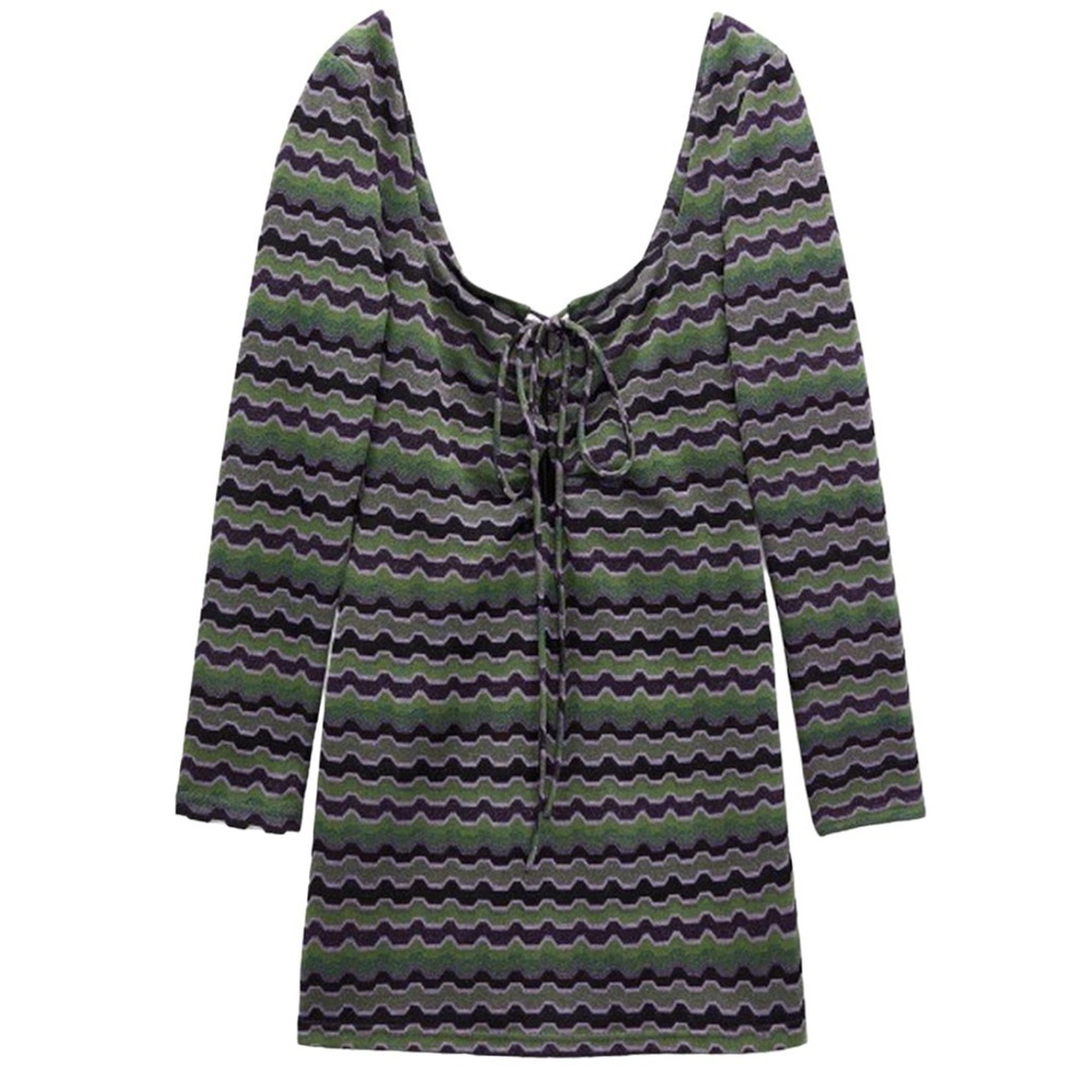 Zara Retro Zigzag Print Metallic Lace Up Front Long Sleeve Stretch Mini Dress